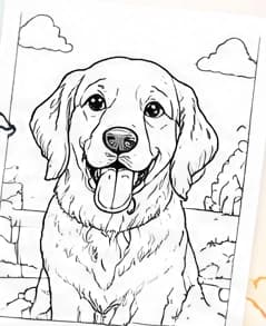 An illustrative black-and-white coloring page of a happy golden retriever outdoors