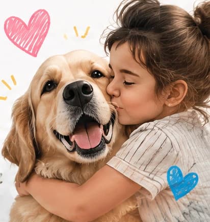 A child cuddling her golden retriever, with playful heart doodles