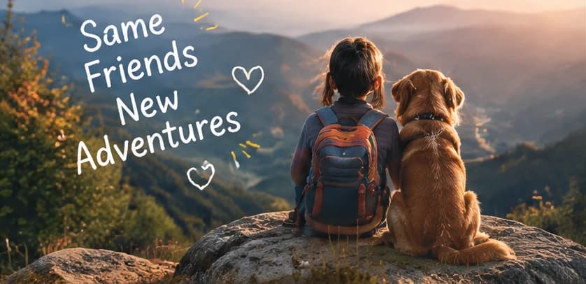 A child and dog looking out over mountains together, with the words Same Friends New Adventures